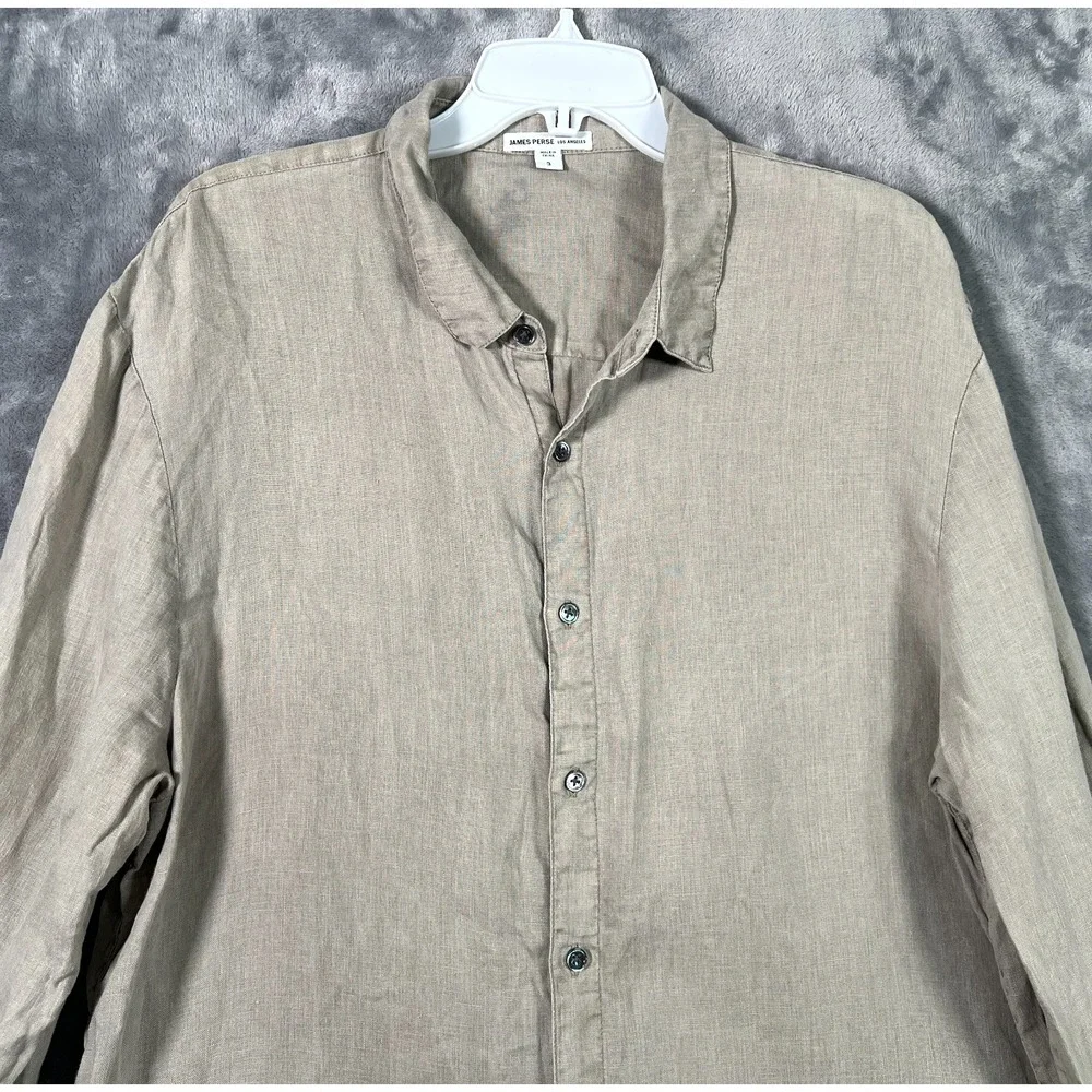 James Perse 100% Linen Button Up Shirt Mens Large 3 Beige Khaki Long Sleeve
